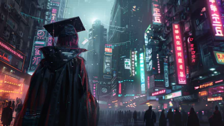 Cyberpunk-themed graduation HD wallpaper featuring a figure in graduation attire overlooking a futuristic neon-lit cityscape.
