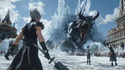 HD wallpaper of Final Fantasy video game showcasing a character facing an ice crystal monster in a detailed fantasy setting.