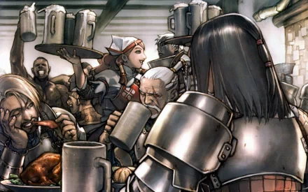 HD PC desktop wallpaper — Monster Hunter video game tavern: armored hunter seen from behind as rowdy companions eat, drink, and servers carry platters.