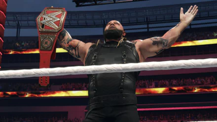 Wrestler celebrating victory in the ring with championship belt in WWE 2K24 video game HD desktop wallpaper.