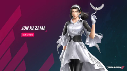 Jun Kazama from Tekken 8 stands in an elegant pose, holding a bird, set against a vibrant background. This HD wallpaper captures her grace and strength in the game.