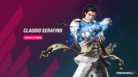 A striking HD wallpaper featuring Claudio Serafino from Tekken 8, showcasing his dynamic pose and mystical energy, with bold graphics highlighting his title, Bane of Demons.