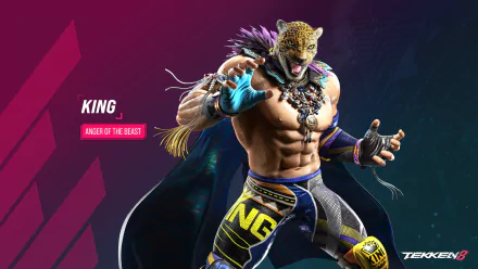 HD wallpaper featuring King, the character from Tekken 8, stands confidently with his leopard mask and vibrant attire, showcasing his fierce persona in the fighting game world.