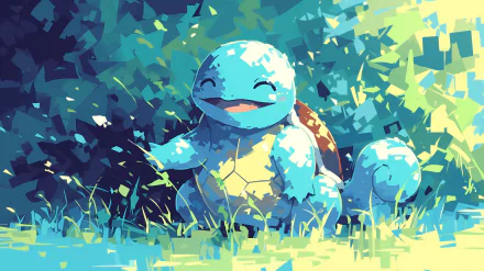 A vibrant HD desktop wallpaper featuring Squirtle from Pokémon, playfully smiling amidst a colorful, pixelated landscape of grass and greenery.