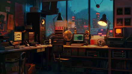 Lofi-style HD desktop wallpaper featuring a cozy interior room with vintage equipment, warm lighting, and a cityscape view through the window, creating a perfect ambiance for relaxation and focus.