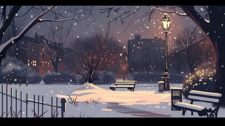 A serene winter park at night, gently snowing, features benches and softly glowing street lamps. This HD wallpaper captures a tranquil, snowy landscape.