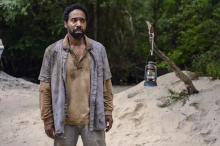 High-definition desktop wallpaper featuring a scene from 'The Walking Dead' TV show with a character standing in a forested area.