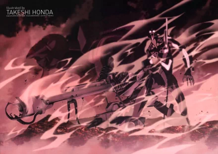A dramatic HD desktop wallpaper featuring Evangelion Unit-01 and Unit-00 from the anime Neon Genesis Evangelion, set against a dynamic background of swirling colors.