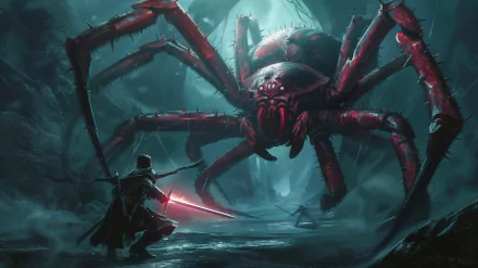 Fantasy warrior facing off against a giant spider in a moody fantasy adventure HD wallpaper and desktop background.