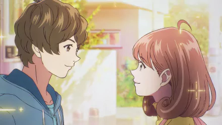 HD desktop wallpaper featuring two animated characters from Astro Note in a tender moment, with a soft-focus background, as created by Takumi Miyasaki.