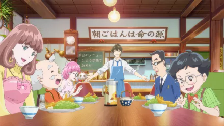 HD Anime desktop wallpaper featuring Astro Note characters, including Takumi Miyasaki, in a vibrant scene inside a cozy dining setting.