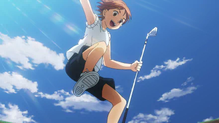 HD anime wallpaper featuring a dynamic scene from Oi! Tonbo with a character enthusiastically playing sports against a vibrant blue sky background.
