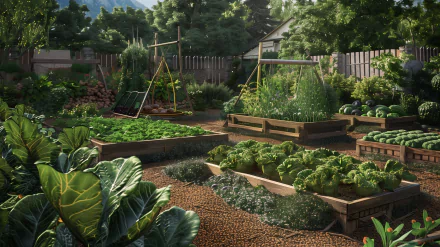 HD wallpaper of a lush vegetable garden with raised garden beds and trellises in a backyard setting.