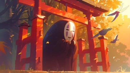 HD desktop wallpaper featuring No-Face from Spirited Away standing beneath traditional Japanese torii gates surrounded by flying birds in an autumn setting.