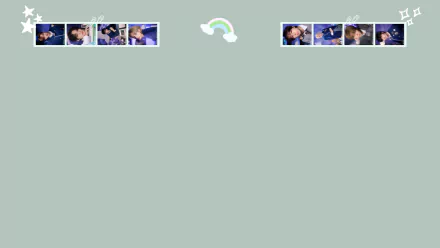 HD PC desktop wallpaper with a muted green background, tiny film-strip portraits of a boy band in blue tones at the top corners, and a small rainbow and white doodle accents.