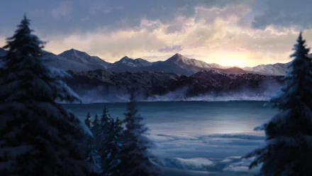 HD anime landscape wallpaper featuring a serene snowy scene from Mushoku Tensei: Jobless Reincarnation with mountains at dusk.