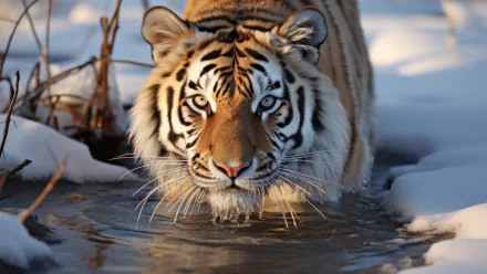 Majestic tiger wading through water against a snowy backdrop, perfect for HD animal-themed desktop wallpaper.