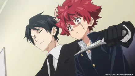 Anime characters from Mission: Yozakura Family posed for a HD desktop wallpaper background, featuring a male with red hair brandishing a sword and a male with black hair in a suit.