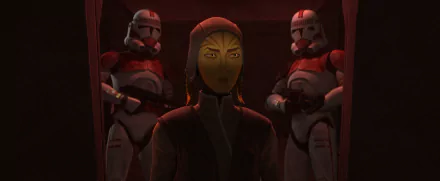 Star Wars: Tales of the Empire HD wallpaper featuring an animated character flanked by two clone troopers.