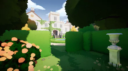HD Wallpaper of Botany Manor from a Video Game, featuring a lush garden path and elegant manor house.