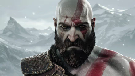 HD wallpaper of Kratos from God of War with snowy mountain background.