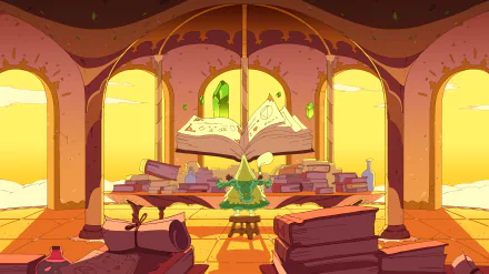 HD desktop wallpaper from the video game Let's! Revolution! featuring a cozy, sunlit room with an open magical book on a stand, surrounded by piles of books and mystical objects.
