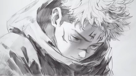 HD desktop wallpaper featuring a black and white sketch of Sukuna from the anime Jujutsu Kaisen, showcasing a detailed and intense expression.
