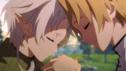 4K Ultra HD anime wallpaper featuring Rudeus Greyrat and Sylphiette from Mushoku Tensei: Jobless Reincarnation sharing a tender moment outdoors.