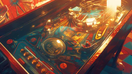 HD desktop wallpaper featuring an illustrated close-up of a vibrant, detailed pinball machine with dynamic lighting and a glossy finish.