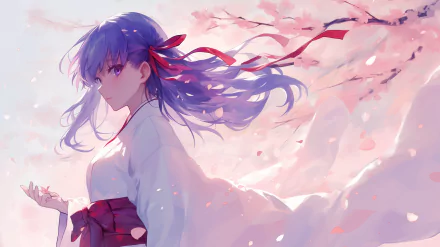 HD desktop wallpaper featuring the anime character Sakura Matou from the Fate series, with flowing purple hair and traditional clothing, standing amidst a backdrop of soft pink cherry blossoms.