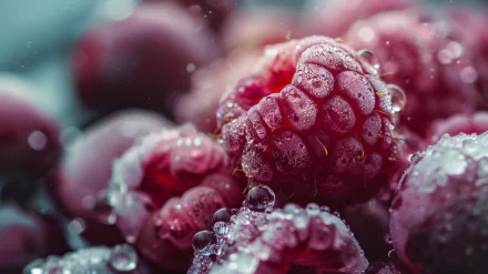 HD desktop wallpaper featuring a close-up of glistening fresh raspberries with water droplets, highlighting the texture and vibrant color of the berries.
