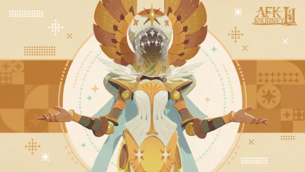 HD desktop wallpaper featuring an artistic representation of a character from the video game AFK Journey, showcasing a stylized figure with an elaborate crown and open arms set against a decorative, geometric background.