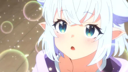 HD Wallpaper of an anime character from Chillin' in Another World with Level 2 Super Cheat Powers featuring a close-up of a surprised-looking girl with light blue hair and large expressive eyes, with a soft, glowing background.