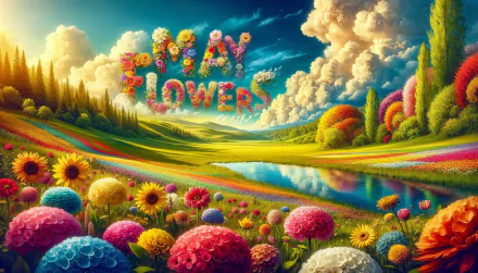 HD desktop wallpaper featuring a vibrant, artistic depiction of a colorful flower-filled landscape with MAY FLOWERS written in the sky, embodying the essence of May.