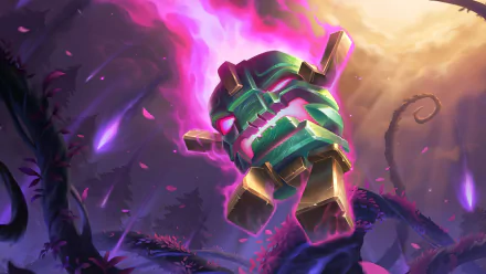HD wallpaper of Maokai from Legends of Runeterra, featuring the character amidst a mystical forest with a purple sky background.