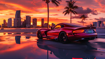 HD wallpaper of a Dodge Viper GTS car against a vivid sunset backdrop with reflective water in the foreground and silhouetted palm trees.