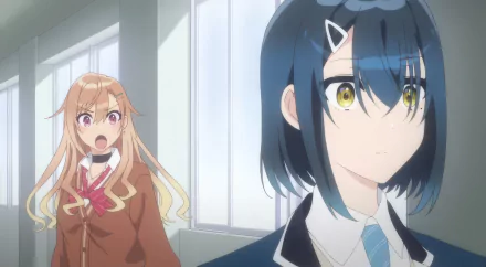 HD anime wallpaper featuring characters from The Many Sides of Voice Actor Radio, with a surprised girl in the background and a calm girl in the foreground.