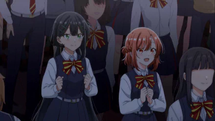 HD anime wallpaper featuring two main characters from Whisper Me a Love Song with anxious expressions amidst a crowd of schoolmates, in a typical Japanese school uniform setting.