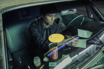 HD desktop wallpaper from The Sympathizer TV Show featuring a character examining documents in a car at night.