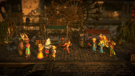 High-definition desktop wallpaper featuring a scene from the video game Eiyuden Chronicle: Hundred Heroes with a group of animated characters in a rustic town setting.