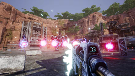 HD wallpaper of a first-person perspective in the video game Phantom Fury, showcasing a player firing a weapon with energy projectiles at an enemy in a rocky, outdoor environment.
