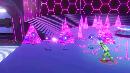 A Ninja Turtle character battling enemies in a neon-lit, futuristic setting from the video game Teenage Mutant Ninja Turtles Arcade: Wrath of the Mutants - HD desktop wallpaper.