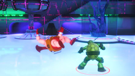HD desktop wallpaper from the video game Teenage Mutant Ninja Turtles Arcade: Wrath of the Mutants, featuring a Ninja Turtle facing off against an enemy in a futuristic setting.