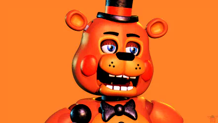 8K Ultra HD PC desktop wallpaper featuring Freddy Fazbear from Five Nights at Freddy's 2 with vibrant orange background.