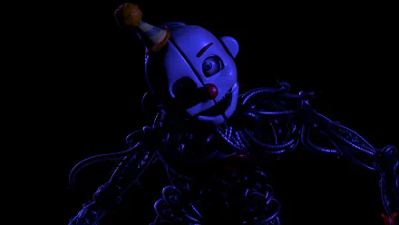 Dark, eerie 8K Ultra HD wallpaper of a glowing animatronic character from Five Nights at Freddy's: Sister Location, set against a black background for PC desktops.