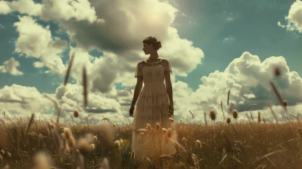 A woman in a summer dress stands in a field with tall grass and dandelions, backlit by a sunlit sky with fluffy clouds. (HD desktop wallpaper background)