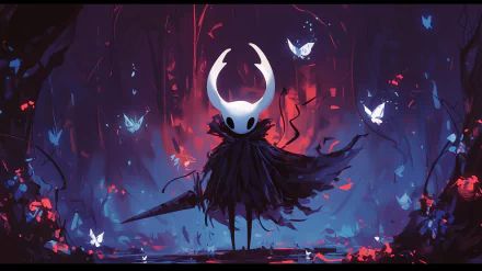 HD wallpaper of the video game Hollow Knight featuring the game's protagonist in a mystical forest with a vivid blue and red color palette.
