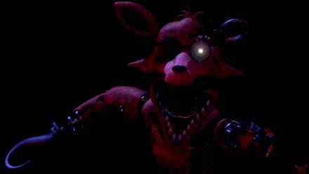 Dark, detailed animatronic from Five Nights at Freddy's 2 with glowing eye, rendered in 8K Ultra HD for vivid PC desktop wallpaper and background.