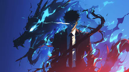 HD PC desktop wallpaper featuring Sung Jin-Woo from Solo Leveling with a dynamic Blue Dragon silhouette in a glowing blue and red energy backdrop.