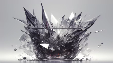 An artistic HD wallpaper featuring a conceptual image of a glass bowl shattering explosively with sharp pieces of glass flying outward on a muted background.